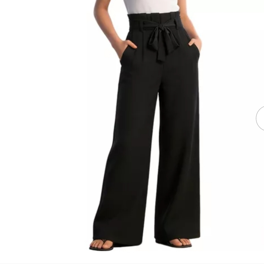 A New Day Large Black High Ruffle Waist Front Tie Belt Wide Leg Trousers - Picture 1 of 10